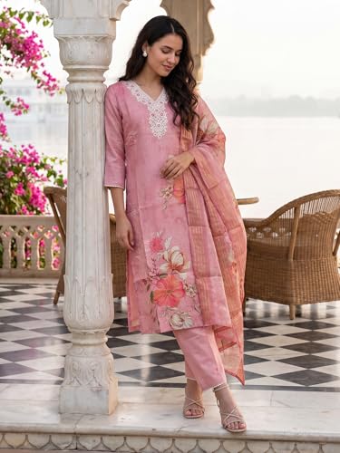Image of INDO ERA Women's Straight Linen Floral Printed Embroidered Kurta & Pant with Dupatta Set