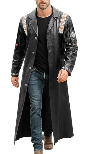 Stylish Native American Fringe Western Leather Coat – Long Cowboy Trench Coat for Men