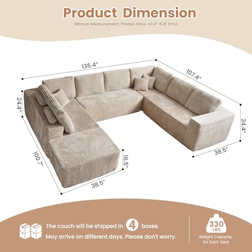 Image of HOOOWOOO Cloud Sectional Couches for Living Room,Modular Sectional Sofa No Assembly,136X108 Inch Plush Corduroy Large U Shaped Floor Couch Set with Deep Seat Ottoman(Beige)