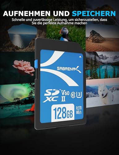 SABRENT SD Karte 128GB V60 UHS-II SDXC, Class 10, U3, 270MB/s Lesen, 170MB/s Schreiben – Profi SD Speicherkarte für 4K/8K Video, Fotografen, Videografen, Enthusiasten (SD-TL60-128GB)