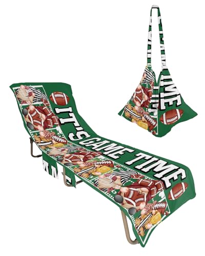 It's Game Time Beach Lounge Chair Towel Cover, Soft Chaise Lounge Towel with Side Pockets Patio Pool Chairs Cover for Beach/Pool Sunbathing 29x85 Brown Football Gnomes Green