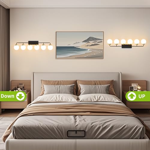Image of Bathroom Light Fixtures 45.3in 6-Light Black Gold Vanity Lights for Mirror | Bathroom Lighting Fixtures over Mirror, ETL, Brushed Brass Wall Sconce, Dimmable E12 Base Max 60W, Milky Glass Ball Shades