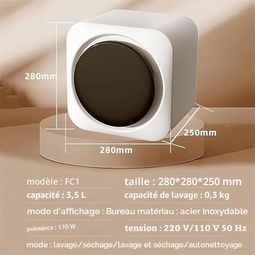Mini machine à laver murale, essorage entièrement automatique, capacité de 3 kg, séchage à haute température 95 ℃, pour dortoir et appartements de voyage