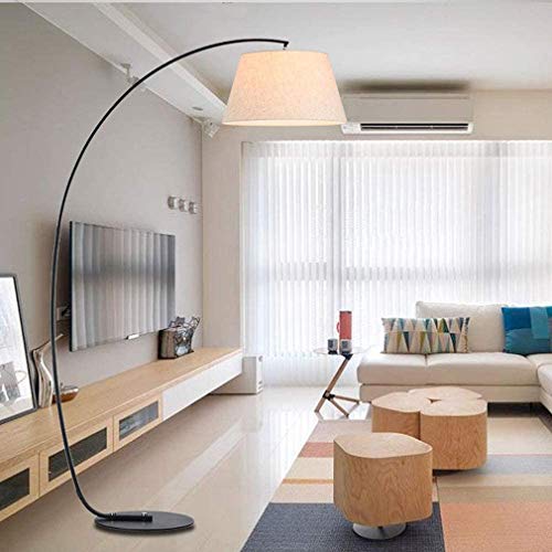 HKLY LED Lampadaire Sur Pied Salon, E27 Lampadaire arc, Lampadaire Sur Pied Métal Noir avec Abat-jour en Tissu 3 Niveaux de Couleur pour D'étude Salon Bureau Lecture,12W,Flax
