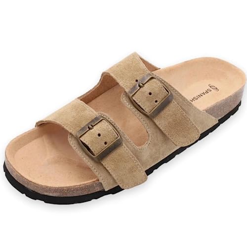 Soft Suede Leather Flat Sandals - Cork Footbed Sandal with Soft Suede Leather - Womens Sandals Comfortable Wear - Comfortable Slip On Cork Footbed Sandals with Adjustable Buckles