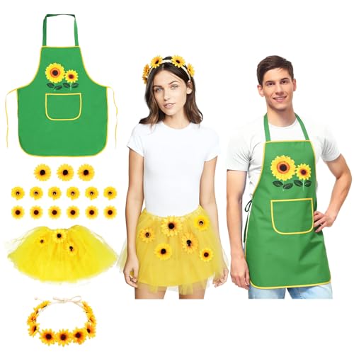 Zidoley Lot de 4 costumes de tournesol pour femme avec serre-tête de tournesol, jupe en tulle jaune et tablier de jardinier, costume de carnaval pour femme...