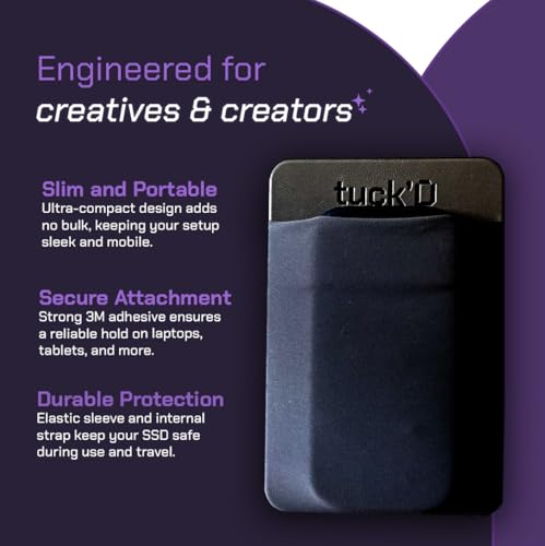 Image of Tuck'd Portable SSD Hard Drive Sleeve - Reusable Adhesive Laptop Mount - Stick-On External Storage Holder for MacBook & Tablets - Travel Pocket Pouch for SSD, Cables & Accessories (Black)