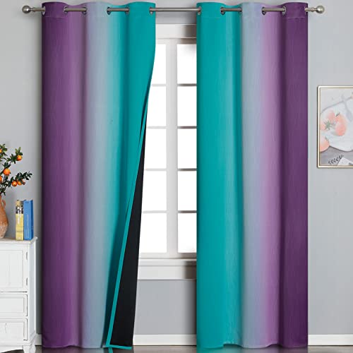 Estelar Textiler Teal and Purple Ombre Blackout Curtains 96 Inches Long 2 Panels for Living Room, Grommet Thermal Insulated Gradient Drapes, Full Light Blocking Curtains for Bedroom, 42x96 Inch
