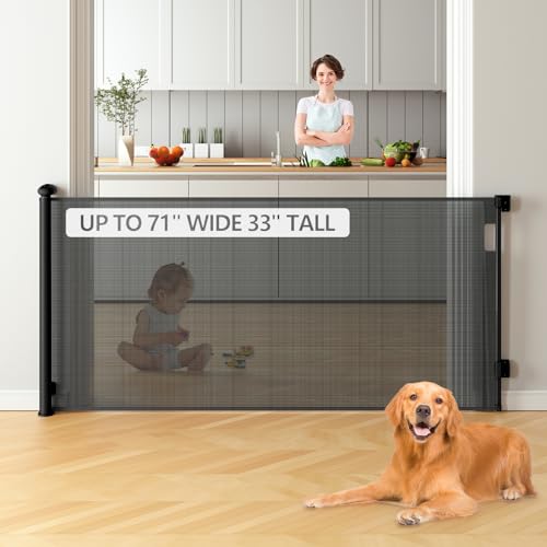 Image of Bulubaky Extra Tall Safety Retractable Baby Gate Adjustable Wide Retractable Dog Gate Mesh Baby Gate Child Gate for Doorway, Hallway, Stair Gates for Kids or Pets (Black, 33" Tall x 71")