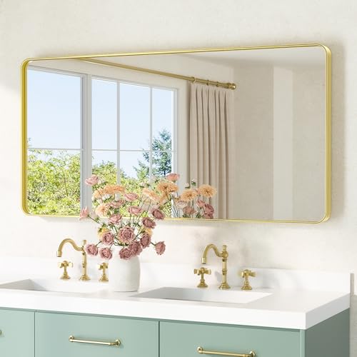 Image of TETOTE Gold Mirror 48 x 24 Brushed Gold Metal Framed Bathroom Mirror, Tempered Glass, Modern Farmhouse Wall Mounted Mirror for Decorative(Horizontal /Vertical)