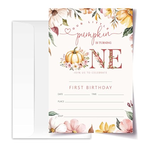 Invitaciones de primer cumpleaños de calabaza con flores y sobres de 4x6