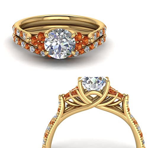 Image of Choose Your Gemstone Round Cut Petite Cathedral Wedding Ring Set Yellow Gold Plated Round Shape Wedding Ring Sets Matching Jewelry Wedding Jewelry Easy to Wear Gifts US Size 4 to 12