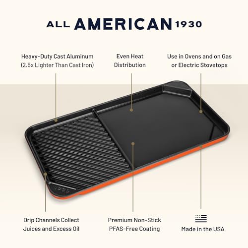 Image of All American 1930 - Ultimate 60 /40 Griddle with Ceramic Non-Stick Coating - Saffron Orange - Durable & PFAS Free - Indoor Griddle for Easy Prep, Cooking, & Cleaning - Made in the USA
