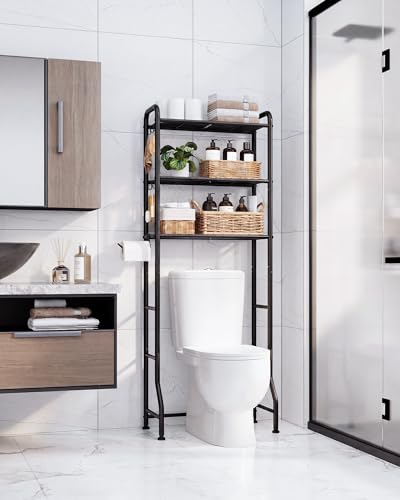 Image of Kitsure Over Toilet Storage Rack, 63.2 inch H Space-Saving, Holder & Hooks | Bathroom, Laundry Room, Small Spaces, Families, Durable Metal, Black, 3 Tier