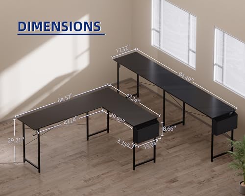 Image of Pamray 64.5 Inch Reversible L Shaped Gaming Desk Large Corner Computer Desk with Storage Bag Home Office Table for Writing Study Marble