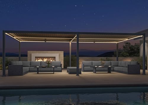 PURPLE LEAF Huge Louvered Pergola 92KS 13' x 25' with Integrated Solar LED Strip Light and Control Panel Adjustable Aluminum Roof Large Pergolas for Outdoor Patio Deck Gray