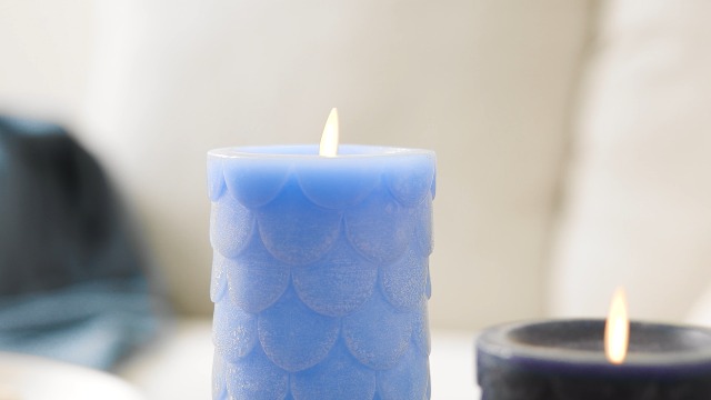 Image of Luminara Embossed Fish Scale Flameless LED Candle, Midnight Blue, 3.25 inch x 6.5 inch, Moving Flame Pillar, Battery Operated with Timer, Indoor