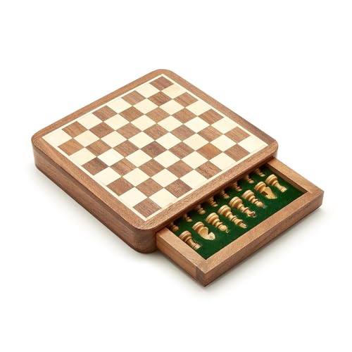 Two's Company Magnetic Chess Set en caja de madera artesanal, incluye 32 piezas, 7.25 pulgadas, madera miniatura 4
