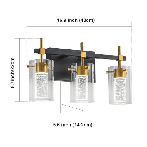 Image of 3-Light Black and Gold Vanity Light with 3 Color Modes (3000K /4000K /6000K), Eye Protection LED Bathroom Light Fixture, Dimmable Modern Wall Light Over Mirror with Clear Glass Shade
