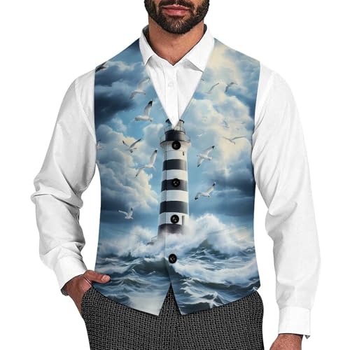 Lighthouse Seagulls Trendy Vest Suit for Men V Neck Formal Dress Waistcoat Vests Business Slim Fit