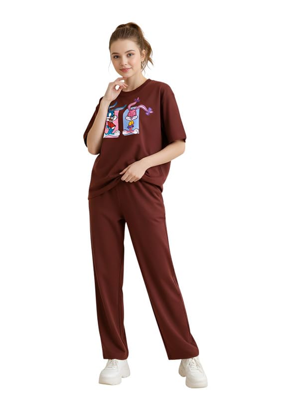 Image of My Swag Women Casual Nightwear Co-Ord Set | Soft Cotton T-Shirt & Pajama with Cartoon Print | Home Wear & Sleep Wear for Ladies