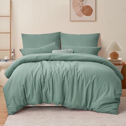 RUIKASI Bettwäsche 200x200 Grün 3teilig - Salbeigrün Mikrofaser Bettwäsche-Sets Oeko-TEX, Bettbezüge 200 x 200cm + 2 Kissenbezüge 80x80cm mit Reißverschluss, Weich und Bügelfrei