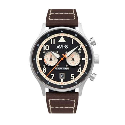 AVI-8 Mens 43.5mm Hawker Hurricane Carey Dual Time Manston Japanese Quartz Pilot Watch with Leather Strap AV-4088-01