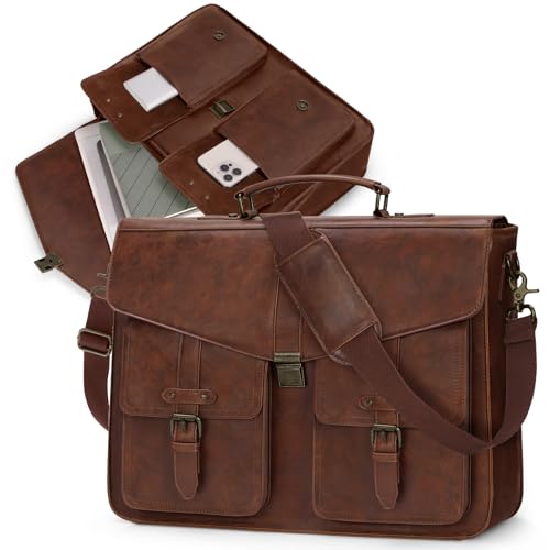 La Mejor Selección de Morrales de Piel los preferidos por los clientes. 47 RAINSMORE Bolso de mensajero para hombre, 43,2 cm, impermeable, estilo vintage, piel sintética, tamaño grande, marrón, 17 inch
