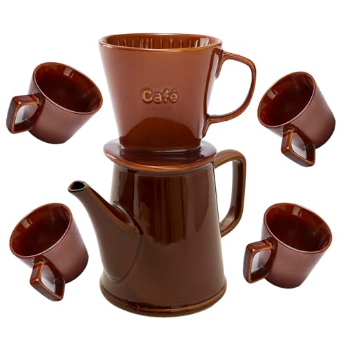 Comparison: Best Pour Over Coffee Mug Set 6 Wild Lily's Spring 22 Oz Vintage Ceramic Pour Over Coffee Maker Set with 4 Coffee Mugs, Ceramic Coffee Pot & 3-Hole Dripper Set, Perfect for 3-4 People at Home, in Cafés and Restaurants (Caramel)
