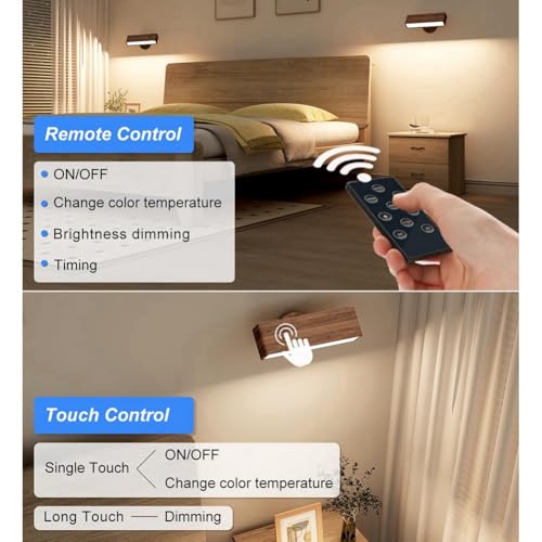 Lámpara de pared sin cables para dormitorio: luz de madera recargable y suave 6