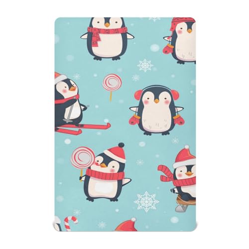 Moudou Christmas Penguin Playard Sheet for Boy Girls, Soft Breathable Fitted Toddler Sheet for Standard Playard Bed Mattress, 39 x 27 x 5 Inch