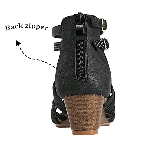 STMAHER Womens Gladiator Sandals Buckle Zipper Cross Thong Strappy Wedge Sandal Roman Shoes 2Black 6/37 by STMAHER - Used condition - Image 5