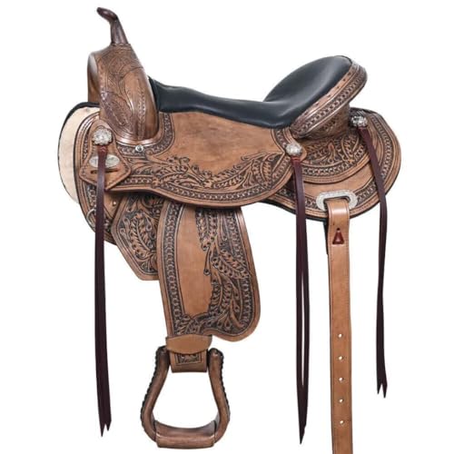 CROWNIX Cownix Western Horse Saddle 15 to18 Inch Floral Hand-Tooled Leather Saddle | Lightweight Barrel Racing Trail Equestrian English Riding Saddle for Horse Riding (Brown, 18 inch)