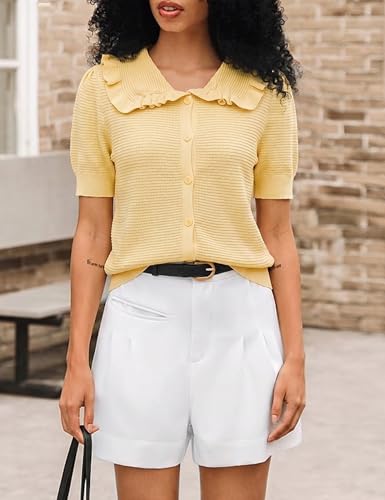 Image of Watashi Womens Ruffle Collar Puff Short Sleeve Cardigan Knit Crop Top | Peter Pan Collar Crochet Knitted Summer Fall Casual Work Wear Sweater