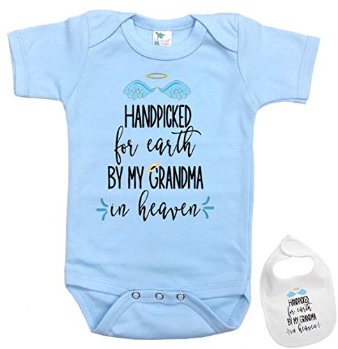Hand Picked by Grandma in Heaven -Cute Family Infant Baby Bodysuit Onesie & bib Blue