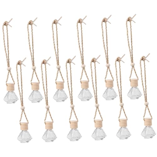 STOBAZA 12 Frascos de Perfume Pequeños Colgantes para Coche Envases Transparentes de Cristal Tapa de Madera Difusores Reutilizables para Aroma y Ambientación Interior