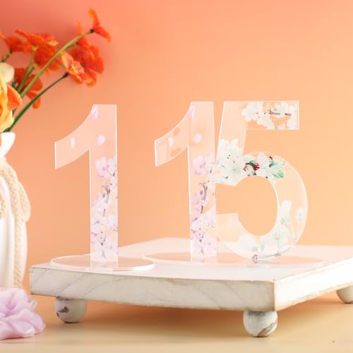 Beeveer Acrylic Wedding Table Numbers 1-15 with Stands 4.72 x 3.15 Inches Clear Sign Place Cards with Eucalyptus Floral Theme for Wedding Reception Bridal Shower Decorations