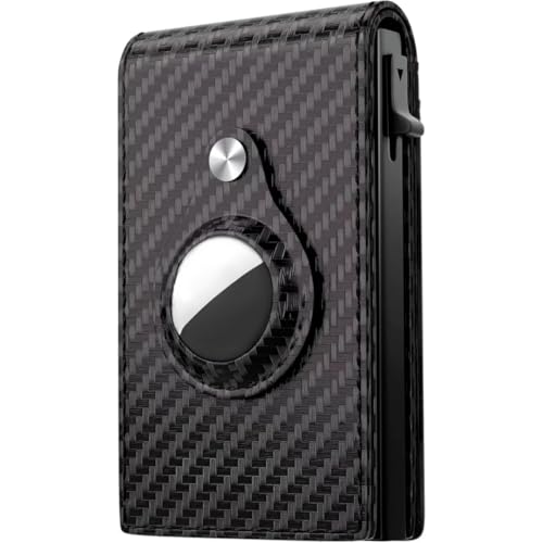 Genuine Leather Wallet for Men Ultra Thin Airtag Holder RFID Blocking Minimalist Smart Wallet with Pop Up Card Case and Sleek Black Look (Black)