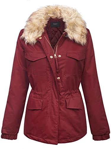 KOGMO Womens Fully Lined Zip Up Anorak Jacket Detachable Faux Fur Trim-S-WINE