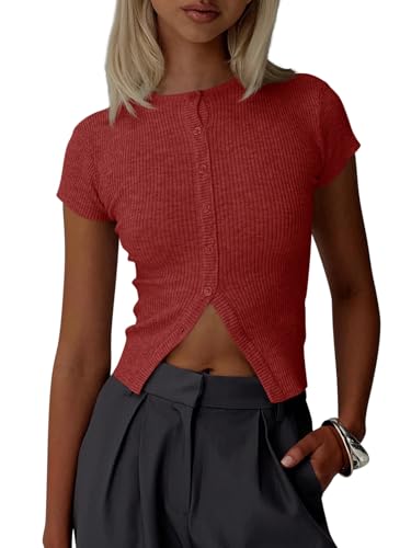 Image of Imily Bela Womens Short Sleeve Sweater Tops Summer Button Down Casual Ribbed Knit Slim Fit Cropped Cardigan Shirts