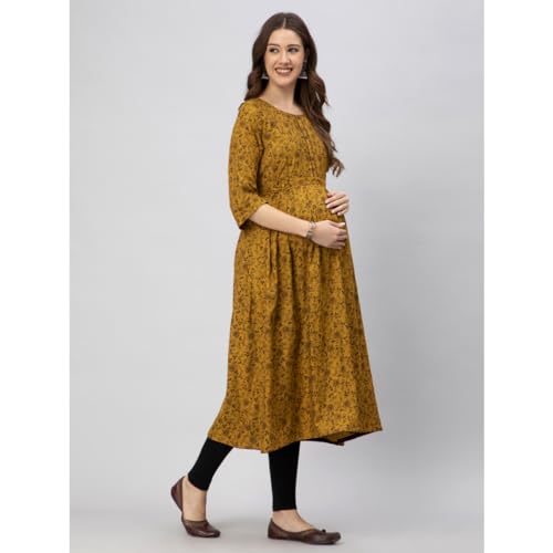 Image of CEE 18 Cotton Rayon A-Line Flared Maternity Feeding Kurti for Women with Zippers | Maxi Gown Dress for Women | Breastfeeding Dress for Mothers | Feeding Kurti for Women | Maternity Wear for Women