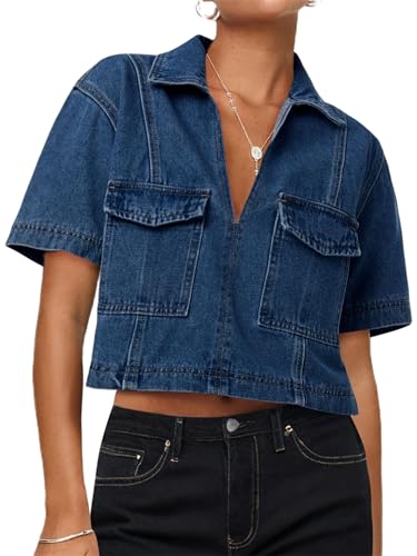 Womens V Neck Denim Crop Tops Summer Y2k Going Out Jean Shirts, Retro Denim Vest, Loose Fit Short Sleeve Collared Polo Tee2