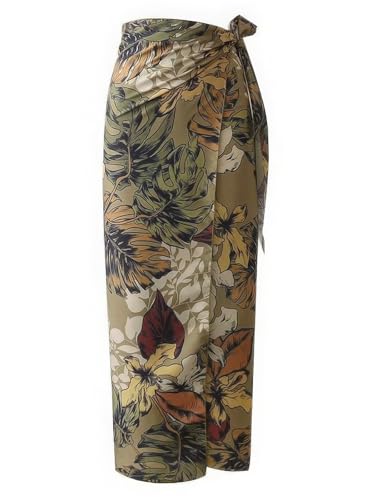 ebossy Women's Elegant Floral Print Long Satin Skirts Knot Side High Waist Bodycon Boho Wrap Skirts