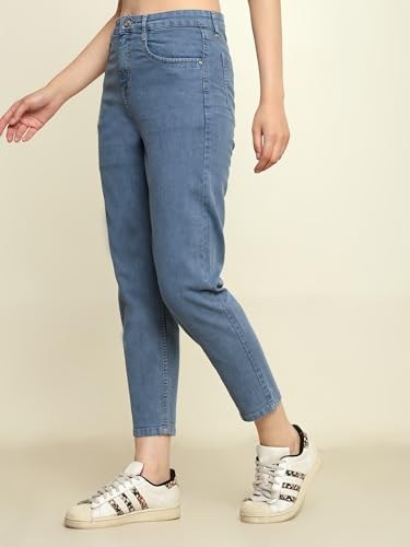 Image of Zayla Women's Mom Fit Cloud Wash Jeans I Full-Length Denim Stretchable High Waist Pant with Curved Pocket I Clean Solid Loose Fit Pants I for Everyday Office Party Girls