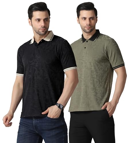 Image of TOPLOT Men's Premium Jacquard Polo T-Shirt | Geometric Textured Design | Contrast Collar & Cuffs | Soft Breathable | Perfect for Office & Casual Wear | Available in Pack of 2 (5281)