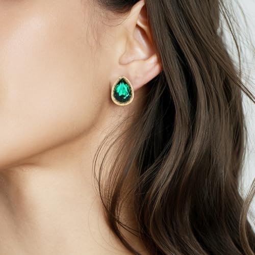 Emerald Green Teardrop Earrings for Women, 14K Gold Plated Edged Green Stud Earrings, Elegant Emerald Stud Earrings for Everyday or Special Occasions2