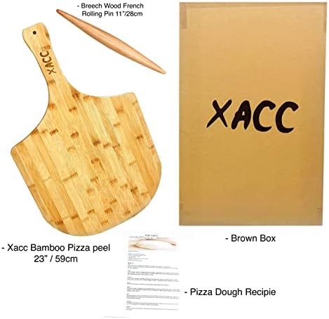 Xacc Wooden Bamboo Pizza Peel 14" with Rolling Pin | Bamboo Pizza Paddle Board for Serving Pizza, Bread, Fruit and Cheese