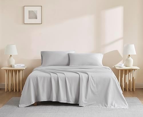 Linen Closet Organic 100% Cotton Queen Sheet 4 Pcs Set, 18” Deep Pocket, Light Grey | Lightweight, Eco-Friendly Cotton, Percale Softness, Durable & Breathable, Naturally Cooling | All Season Comfort