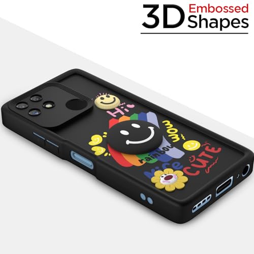 Image of Pikkme Back Cover for Realme Narzo 50A | Soft Silicone| Cute Rainbow Smile & 3D Cartoon Flower Design | Shockproof Raised Camera Protection Bumper Case (Black)