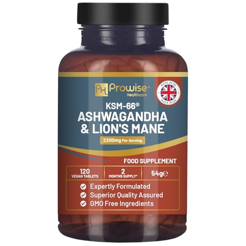 Tabletas de ashwagandha y melena de león KSM-66 - Alta potencia 2200 mg | Extracto de raíz de ashwagandha y extracto de hongo melena de león KSM-66-120 tabletas veganas con pimienta negra